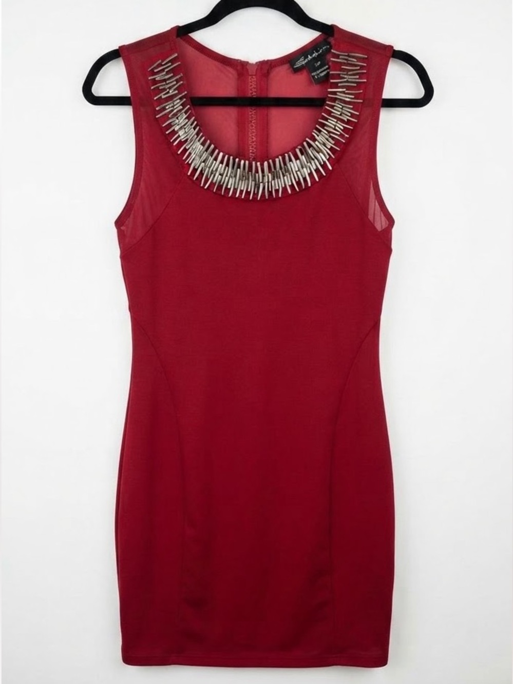 Seductions Red Metallic Beaded Neck Sheer Mesh Bodycon Party Dress / Size Small